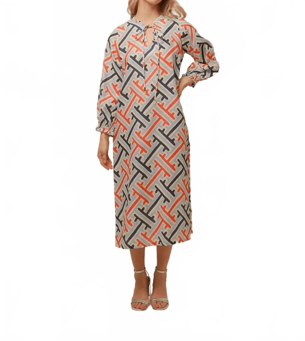 NEW LAVI beatriz midi dress in blue and orange print